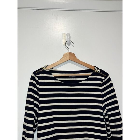 Talbots Womens Black & White Striped Long Sleeve Top With Shoulder Zipper Detail - Picture 2 of 9